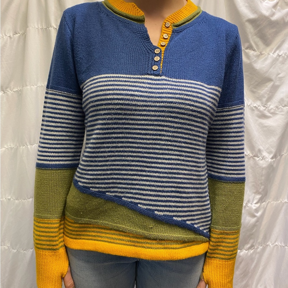 Womens blue, yellow, white and green striped sweater, size: L